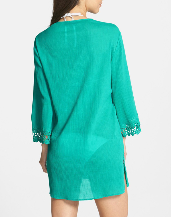F4385-2Turquoise Long Sleeves Deep V-neck Crochet Trim Casual Cover-up